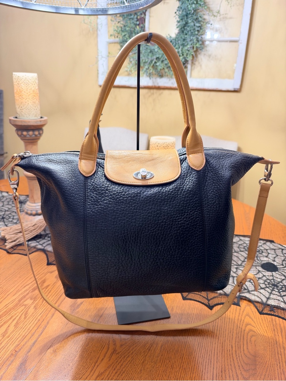 Charles Jourdan Paris Dee Black and Tan Leather Tote with Detachable Strap